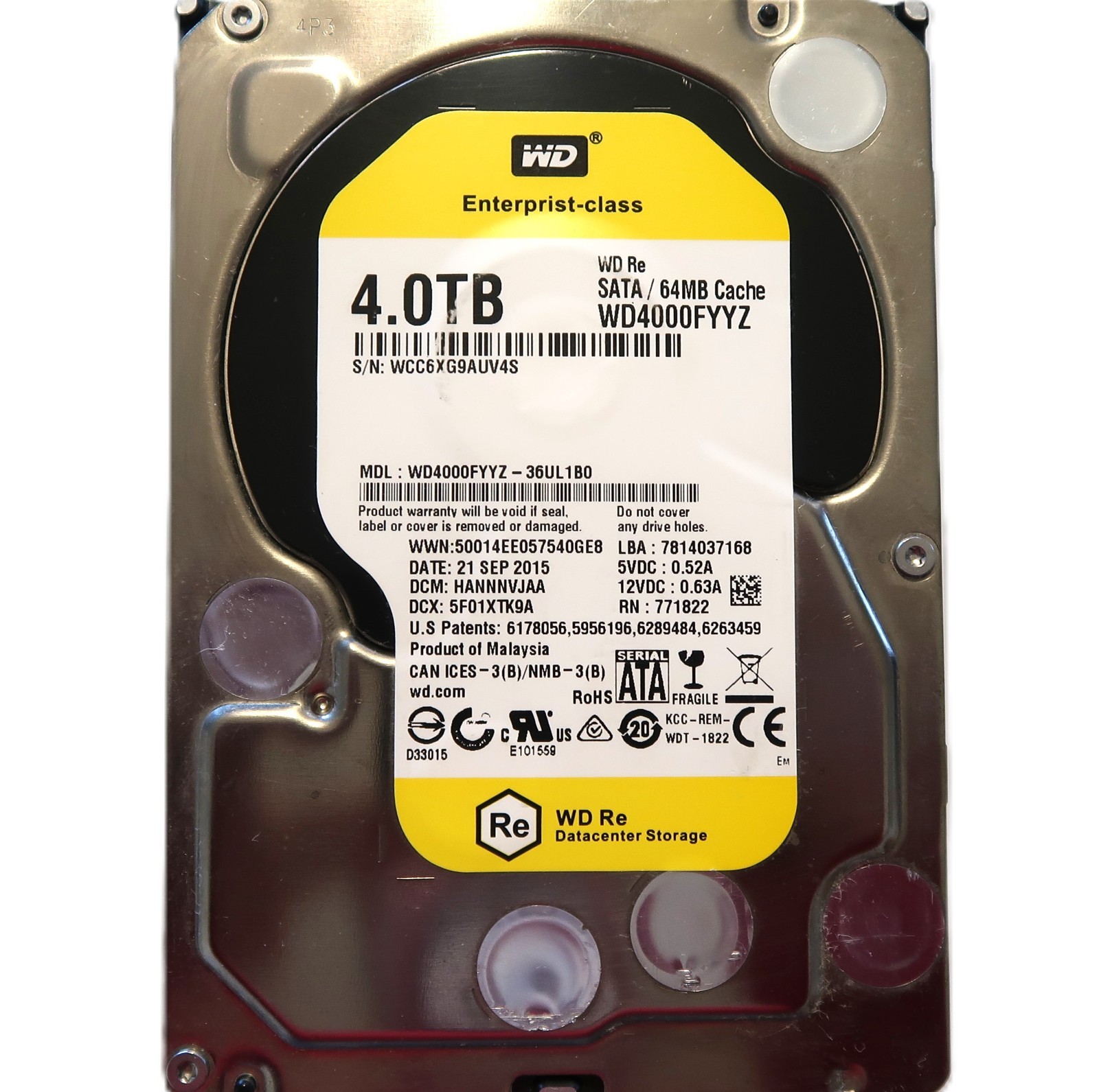 WD WD4000FYYZ-36UL1B0 HANNNVJAA (WCC6) Malaysia 4000gb 3.5" Sata HDD 09/2015