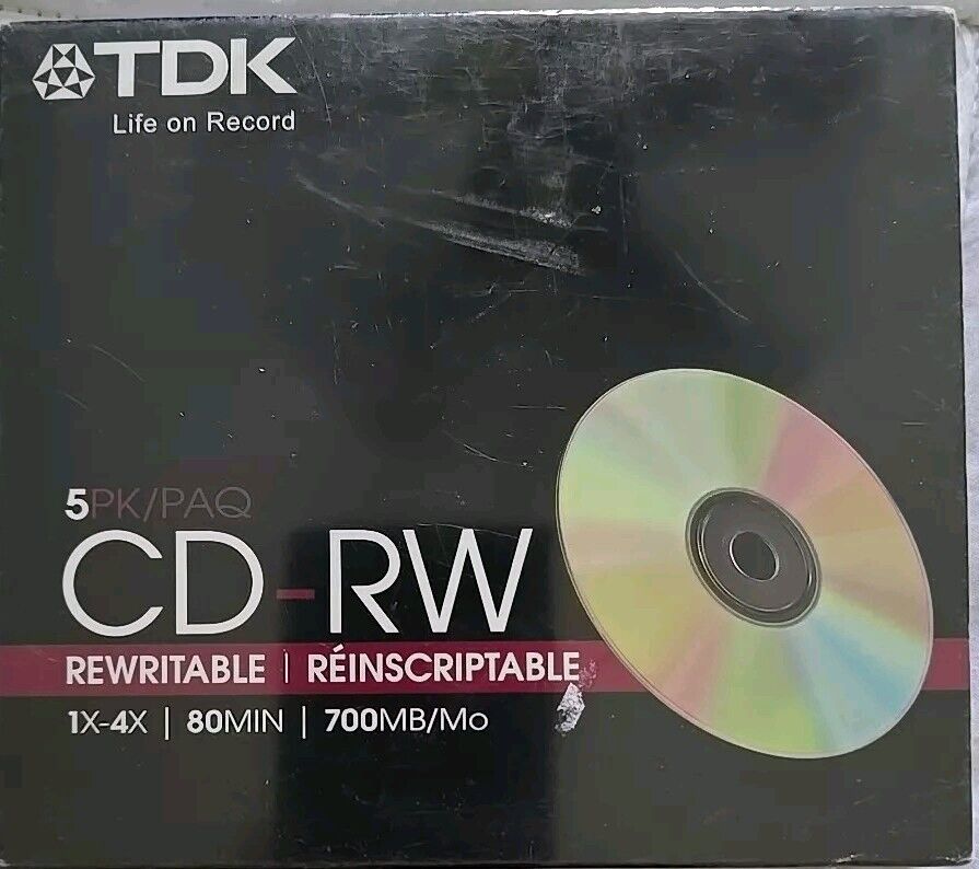 TDK CD-RW 5 Pack, 1x-4x, 80 min, 700MB Rewritable Media Discs (New/Sealed)