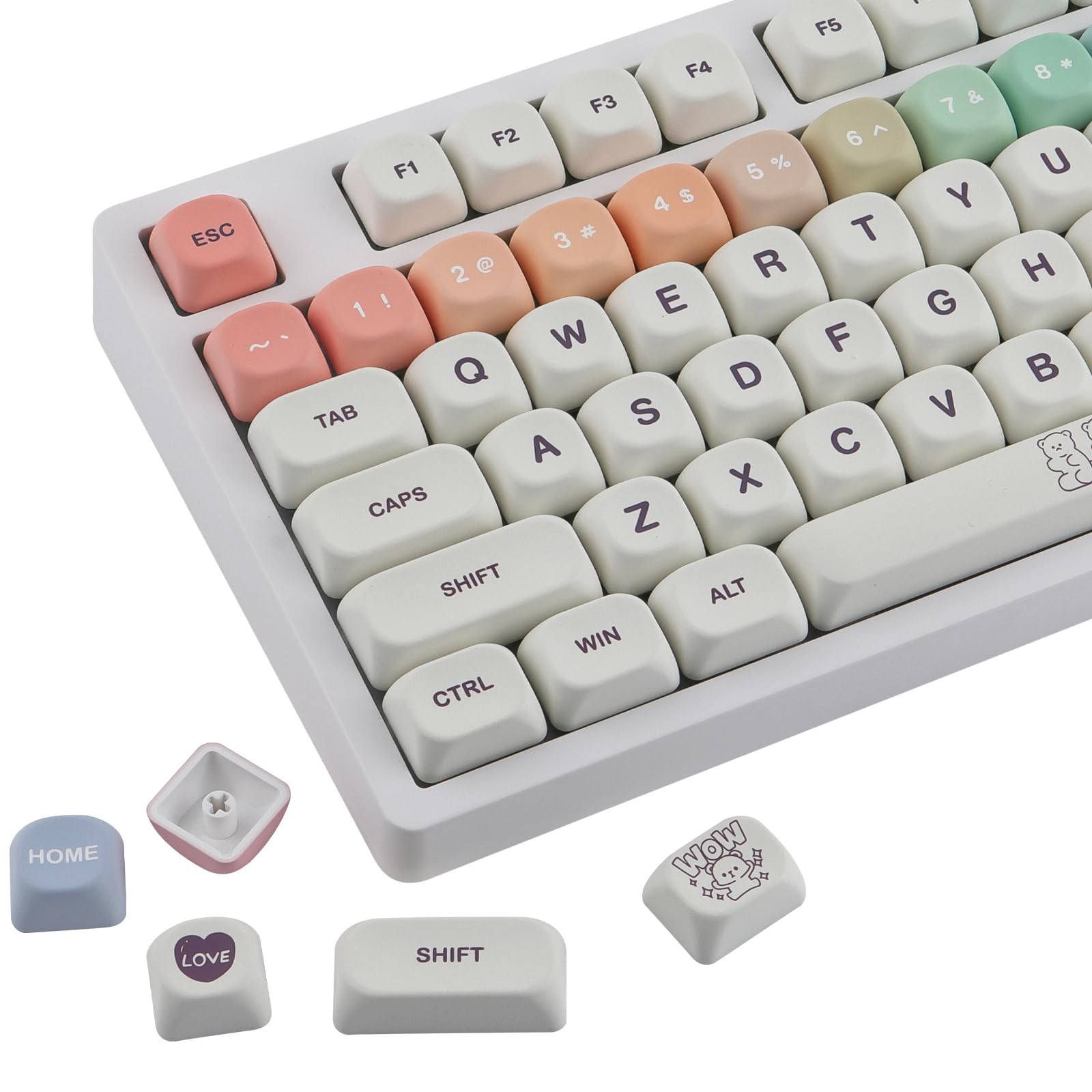 131 PCS White Cute Bear PBT DyeSub Custom Keycaps MOA Profile Fits 60100%