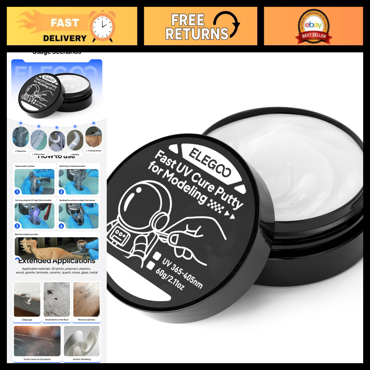 UV Resin Putty for 3D Printing - 60g White Modeling Compound, Quick Cure