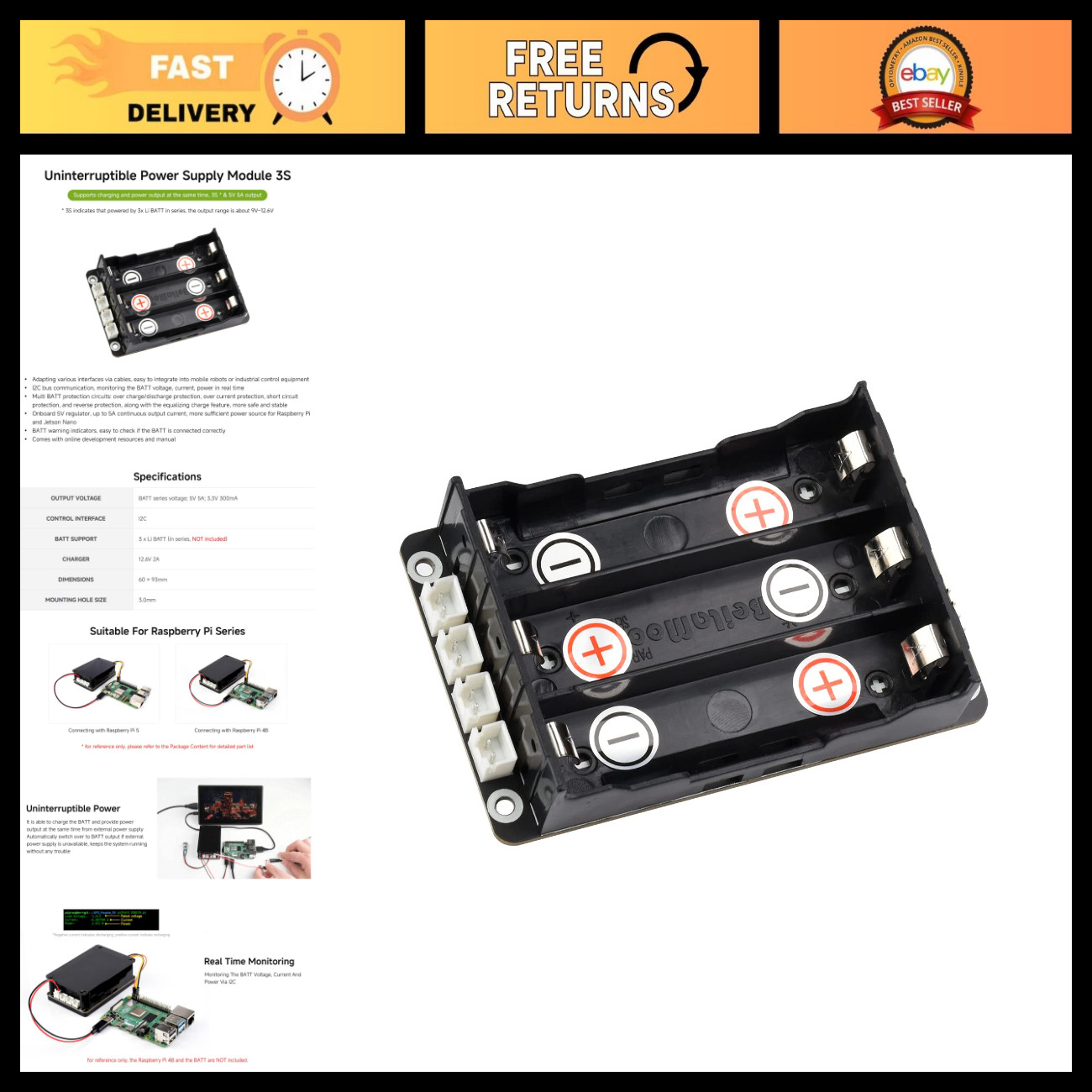 Uninterruptible Power Supply Module for Raspberry Pi, 5V 5A Output, Dual Chargin