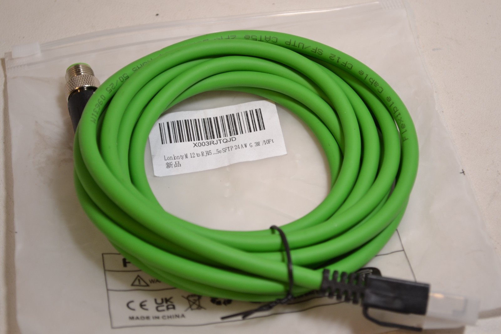 M12 to RJ45 Ethernet Cable 6.6ft Shielded M12 4-Pin Male CAT5e