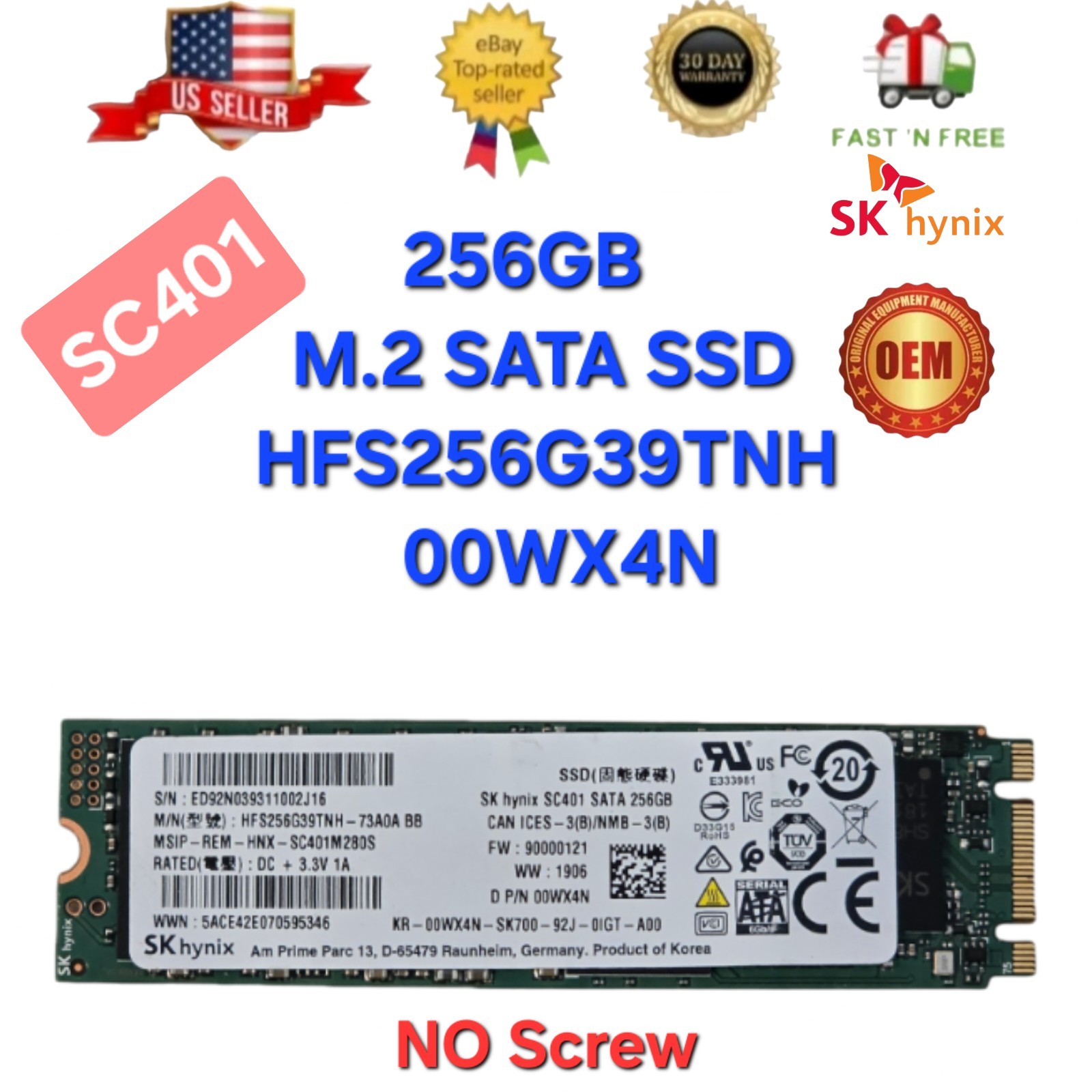 SK hynix SC401 256GB M.2 SATA SSD 2280 - HFS256G39TNH-73A0A BB - 00WX4N Laptop