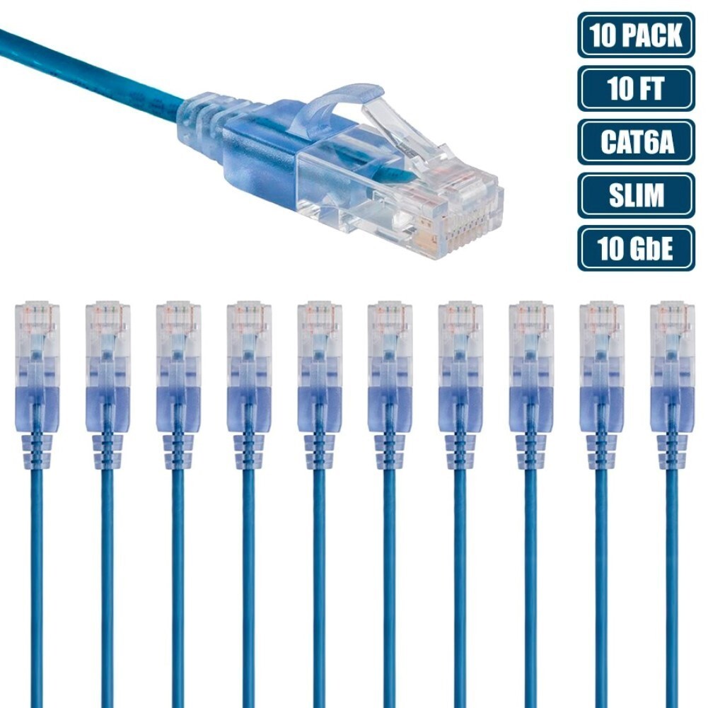 10x 10FT CAT6A RJ45 Ethernet LAN Network Patch Cable Slim Cord Router 30AWG Blue