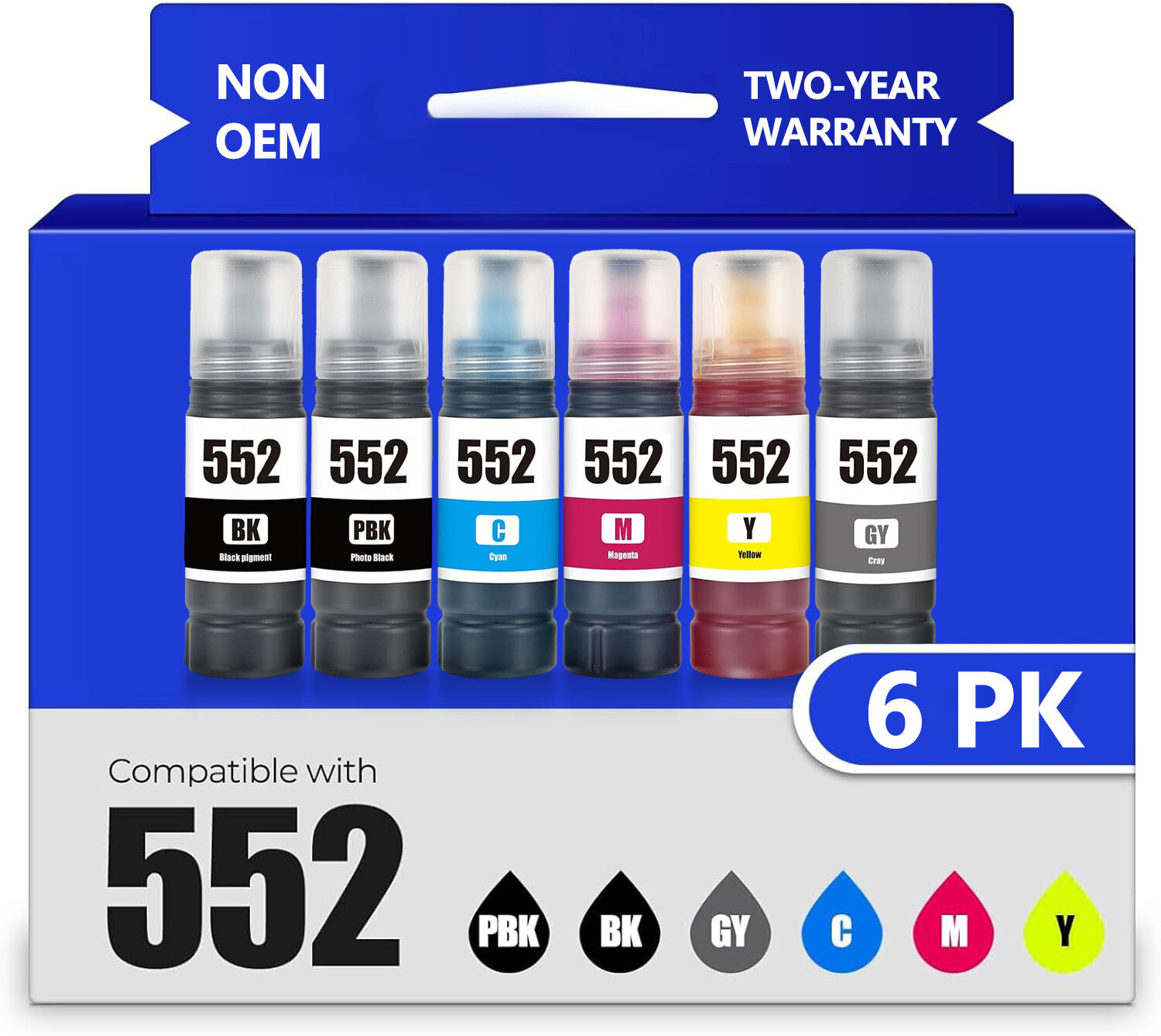 6PK T552 552 Ink Bottles for Epson ET-8550 ET-8500(BK/PBK/C/M/Y/GY)