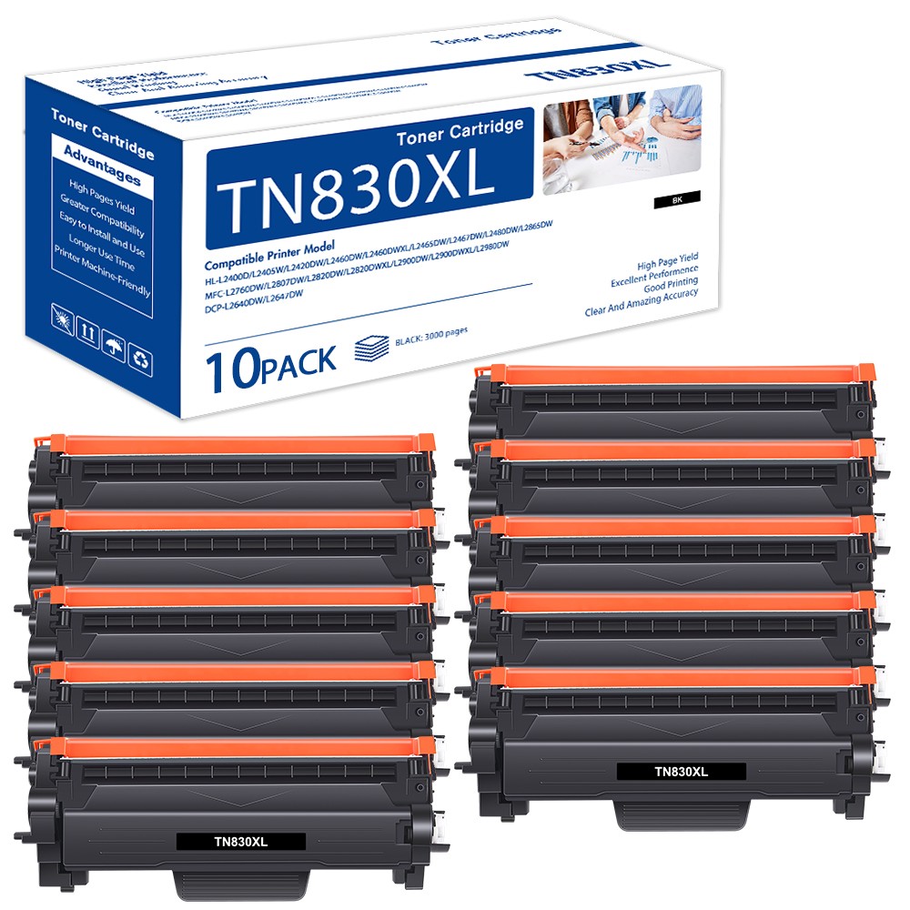 10PK TN830 TN830XL High Yield Toner Cartridge for Brother HL-L2460DW DCP-L2640DW