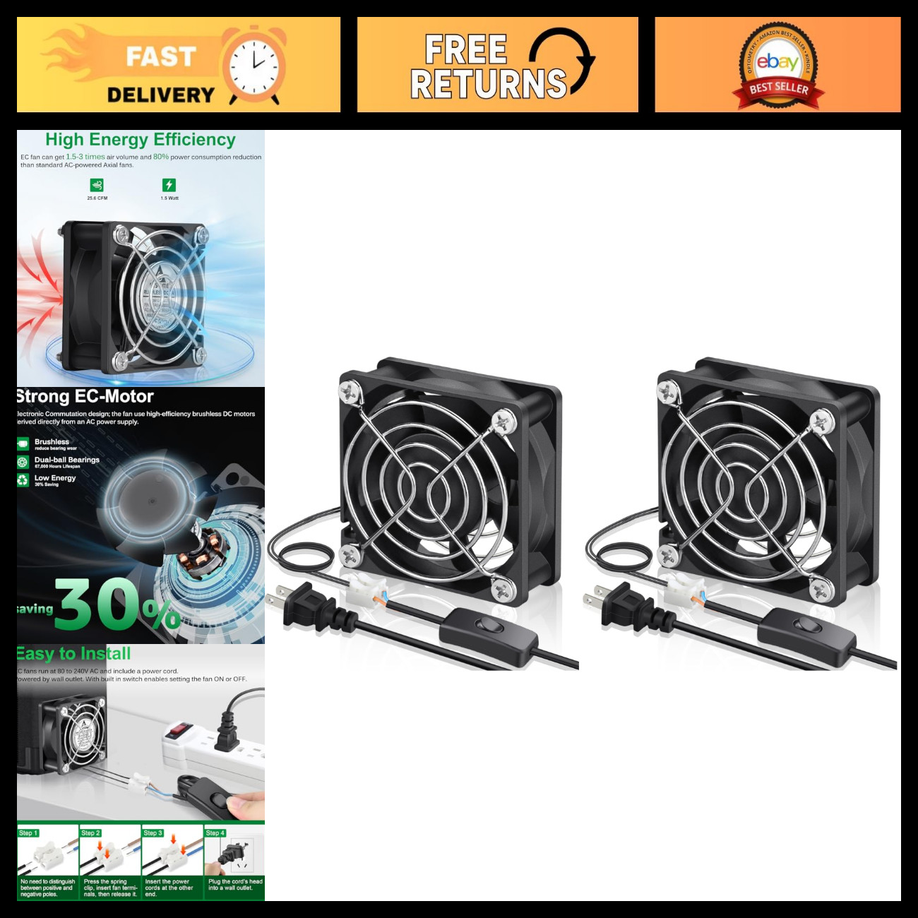 60mm AC Cooling Fan 110V 115V 120V 220V 240V Dual Ball Bearings - Pack of 2