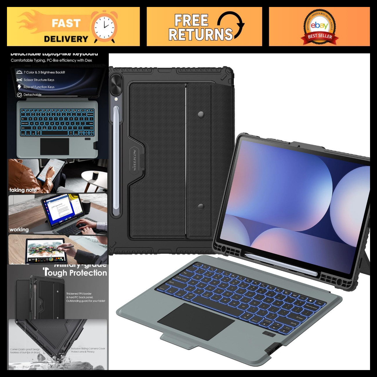 Rugged Keyboard Case for Samsung Galaxy Tab S10+ / S9+ 12.4" - Durable, Protecti