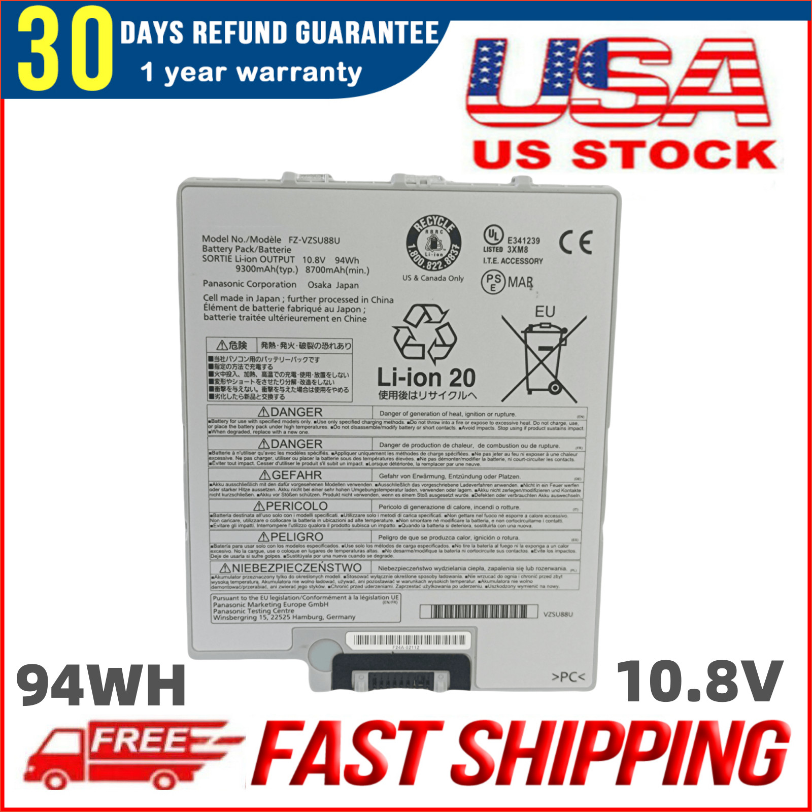 New FZ-VZSU88U 94Wh 10.8V Battery for Panasonic PANASONIC Toughpad FZ-G1 FZG1