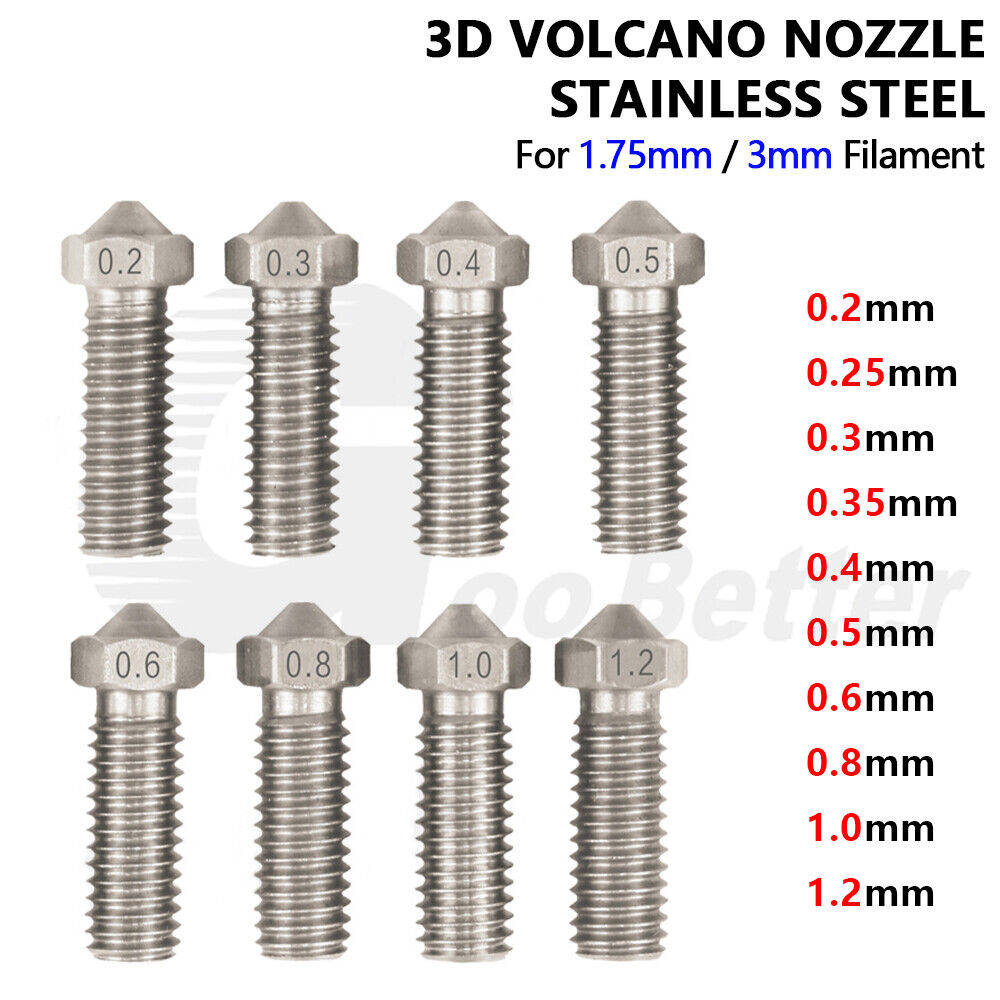 0.2-1.2mm V6 V5 Stainless Steel Volcano Extruder Nozzle M6 3D Printer 1.75mm 3mm