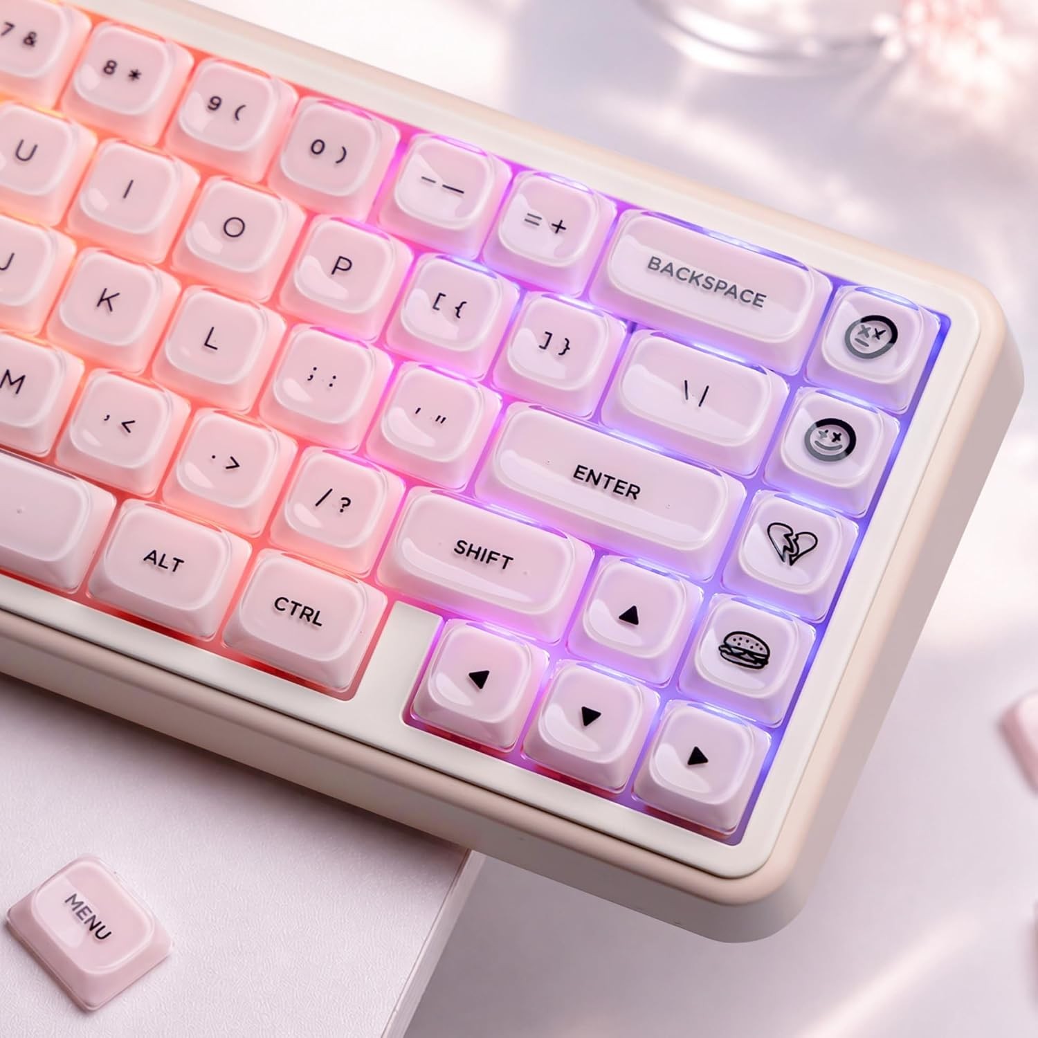 Low Profile Keycaps, Jelly Pink Keycaps, Shine Through Key caps