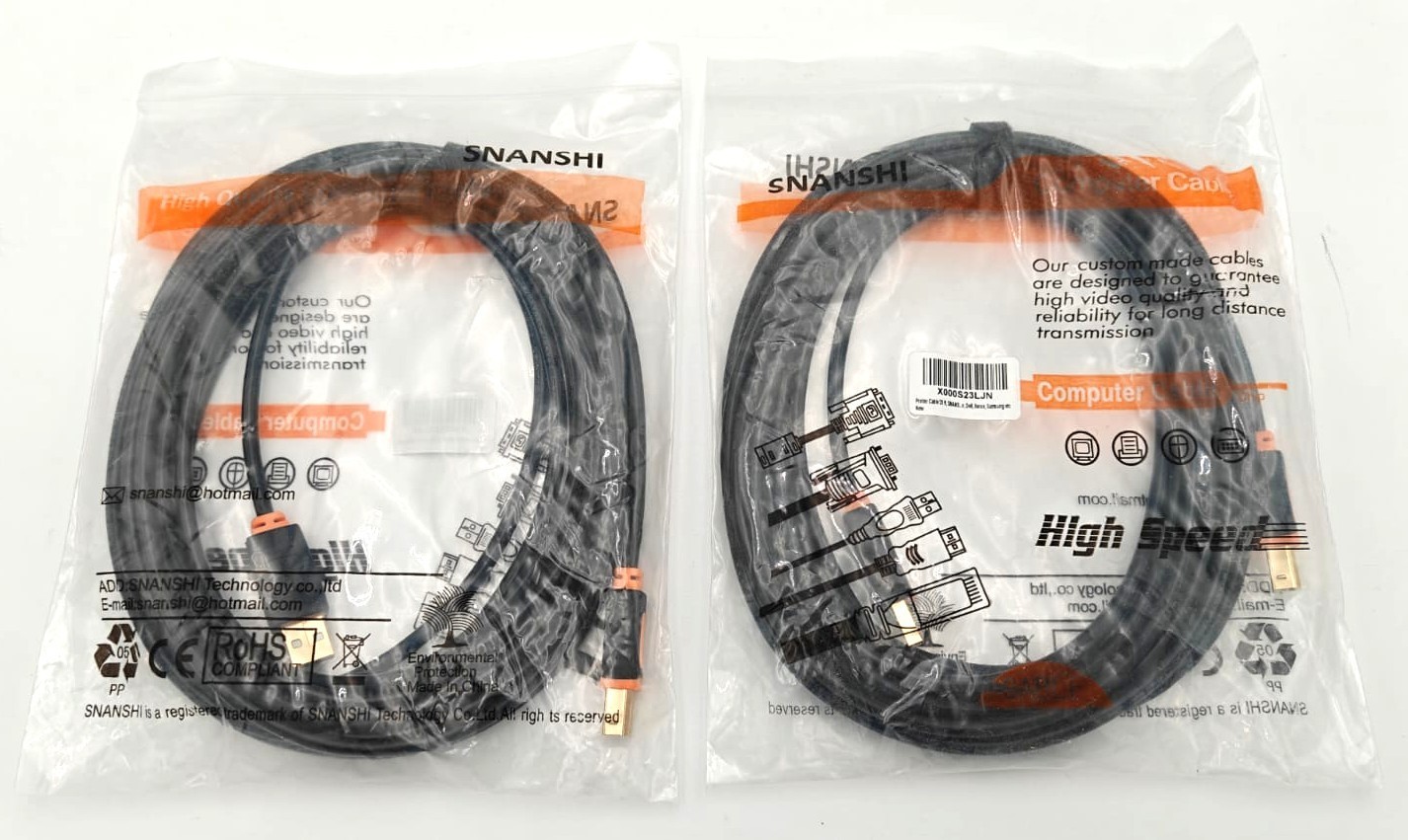 Lot of 2 SNANSHI USB 2.0 Printer Cable 20 Feet Type A to Type B High Speed Black