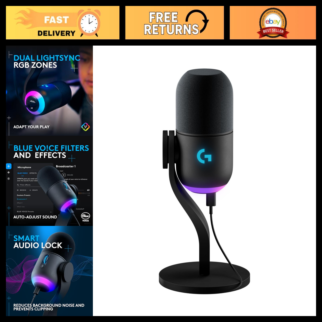 Dynamic RGB USB Microphone for Gaming & Podcasting - High-Quality Sound, Black