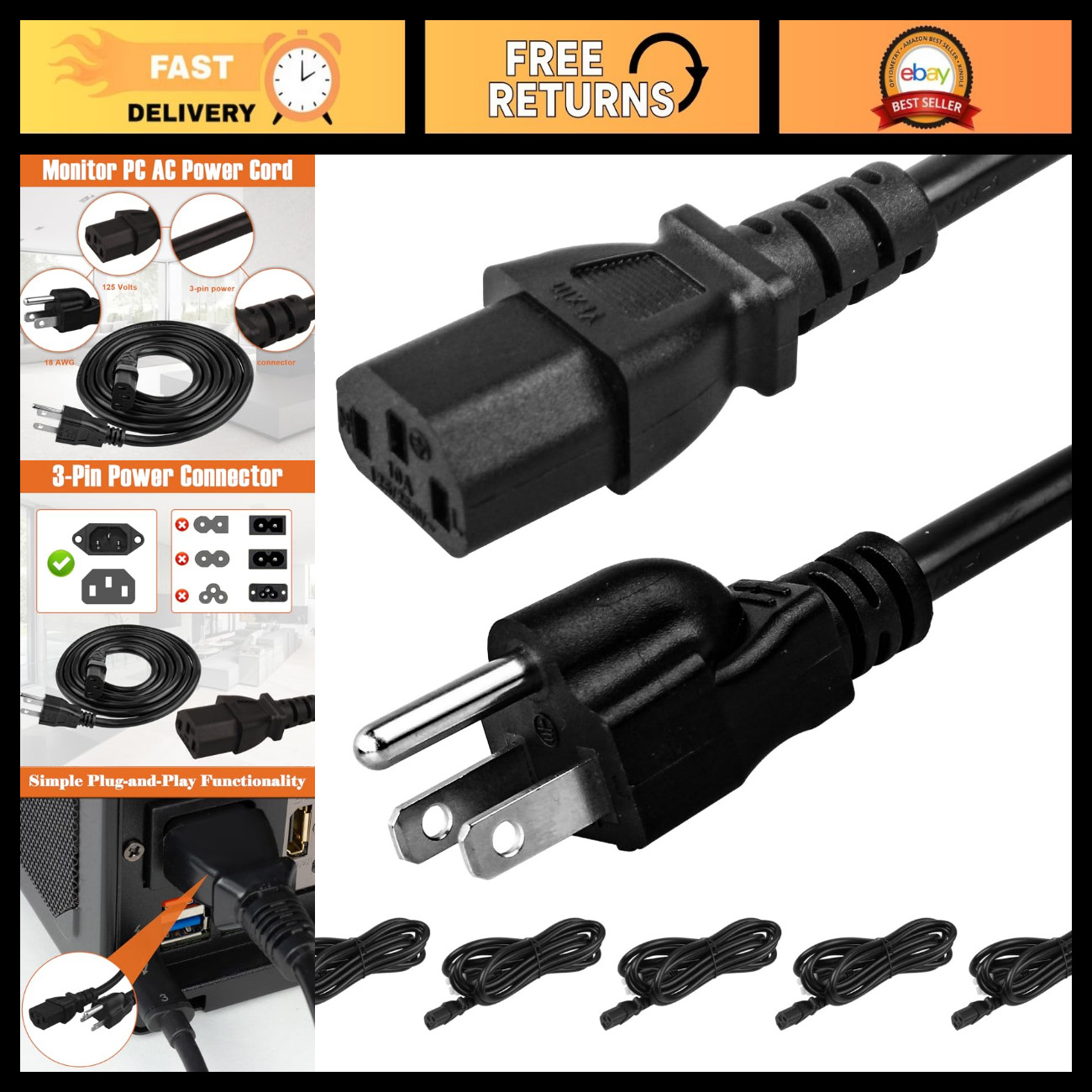 5 Pack 10FT 3-Prong AC Power Cord Cable for Computer, Monitor & Printer