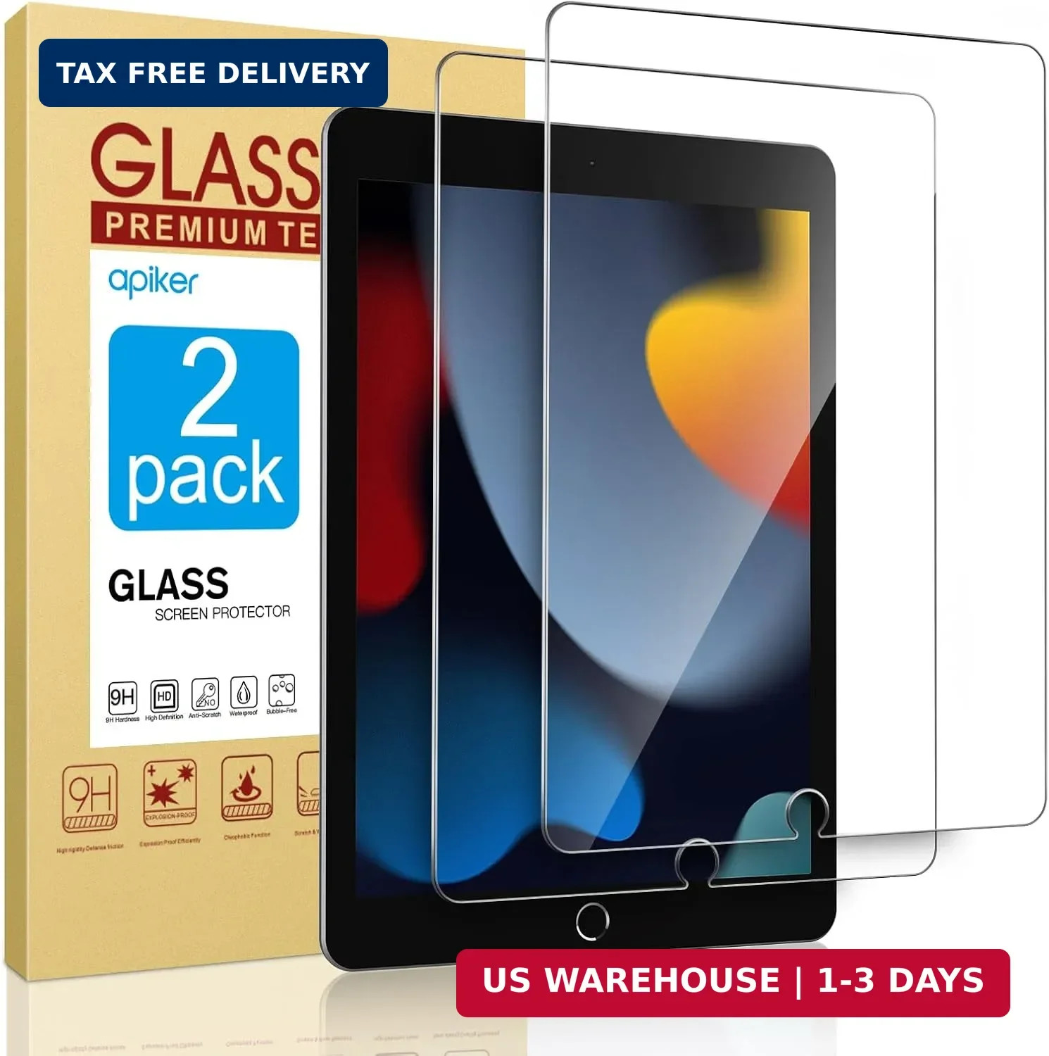 apiker Screen Protector for iPad 9th 8th 7th Generation 10.2 inch 2 Pack