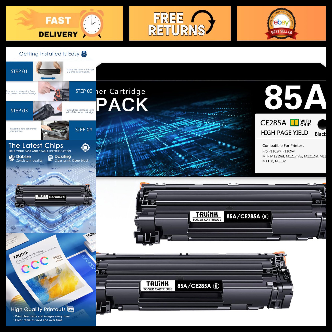 85A Toner Cartridge 2-Pack Compatible with HP Printers | High Yield Black Ink
