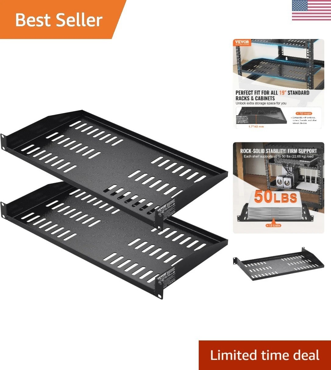2PCS 1U Server Rack Shelf, Universal Vented Rack Mount Cantilever Tray for 19...