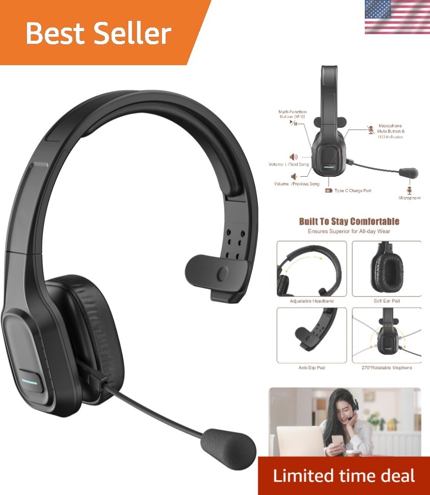 Black Bluetooth V5.0 Headset with Noise Canceling Mic - Ideal for Home Office