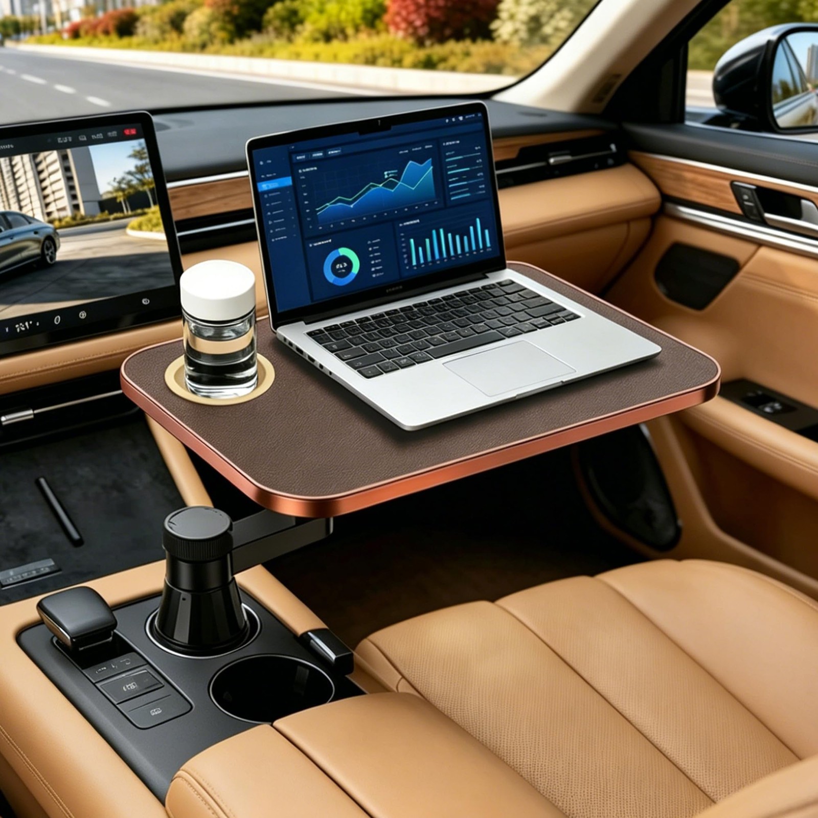 Car Tray & Desk for Laptop, Dual 360° Rotating, Anti-Slip Leather Surface, St...