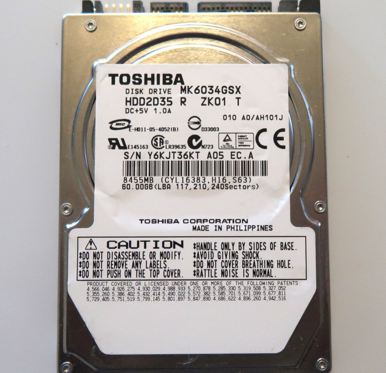 Toshiba MK6034GSX (HDD2D35 R ZK01 T) 010 A0/AH101J 60gb 2.5" Sata Hard Drive