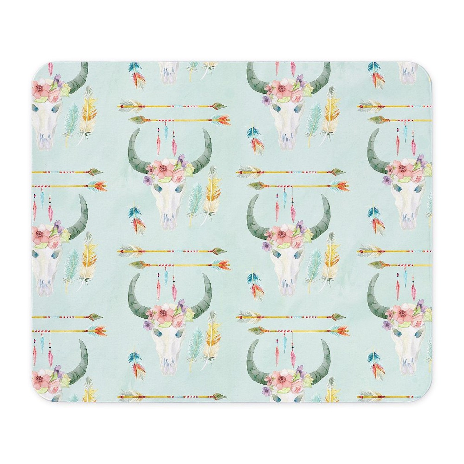 CafePress BOHO Bohemian Cow Skull Arrow Feathers W Mousepad  (26006433)