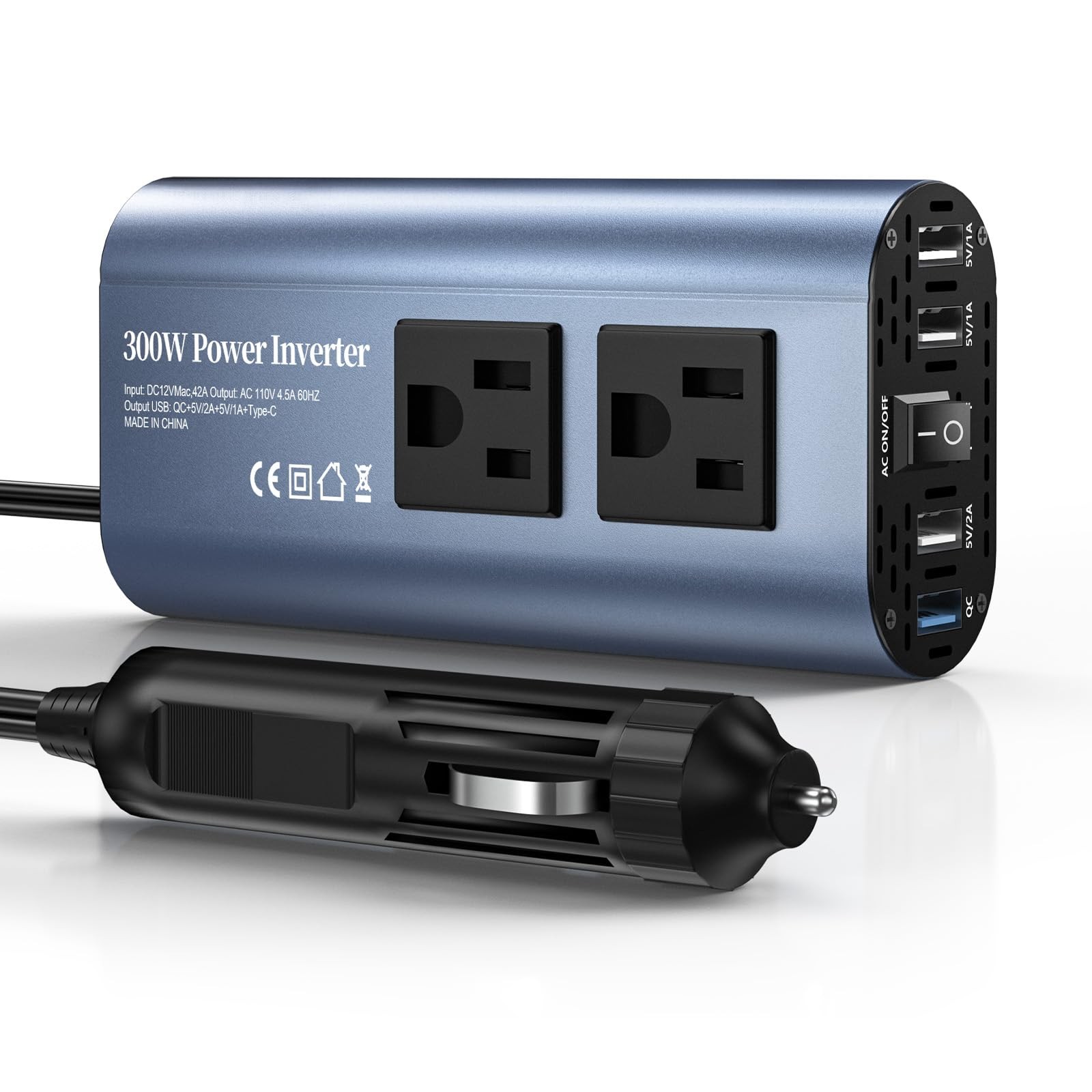300W Car Power Inverter, DC 12V to 110V AC Car Plug Adapter Outlet with USB-F...