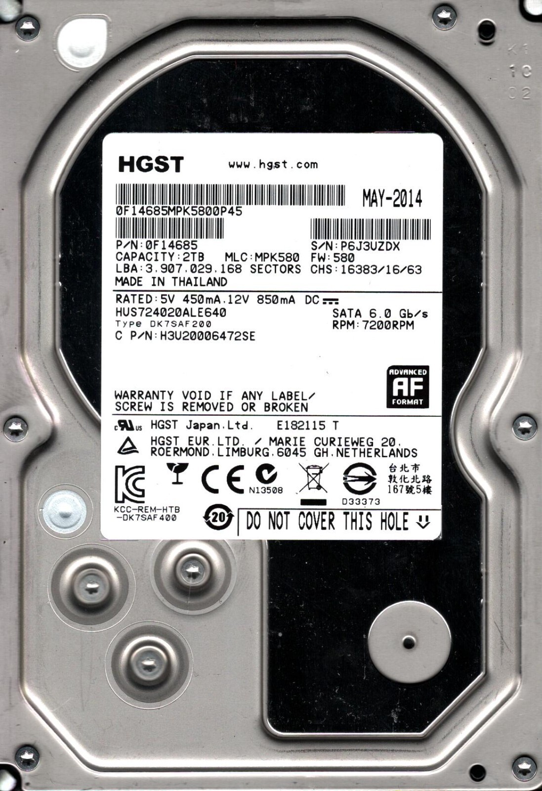 HUS724020ALE640 P/N: 0F14685 MLC: MPK580 THAILAND MAY 2014 HGST 2TB