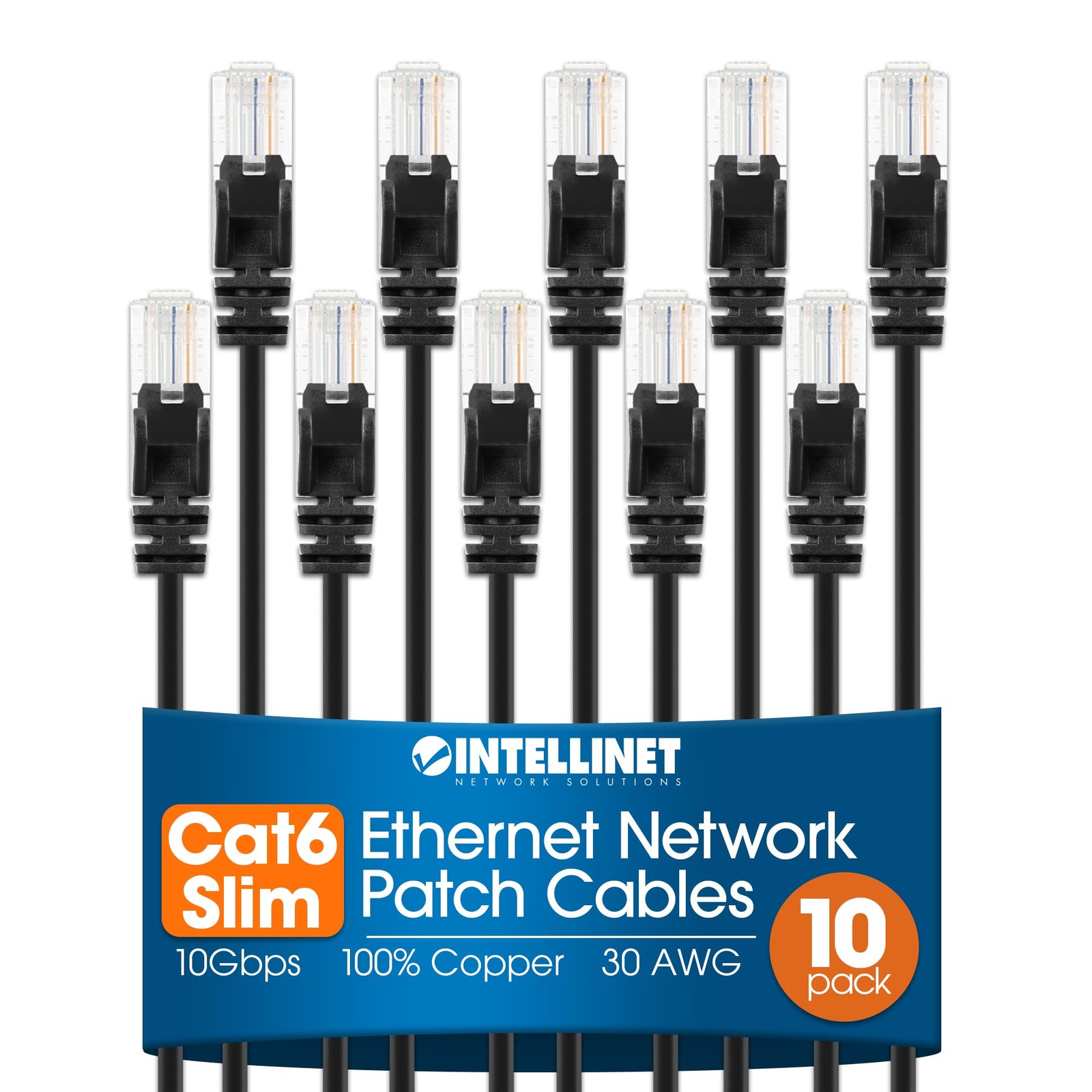 Intellinet Cat6 Slim UTP Ethernet Patch Cable 10-Pack, 7 ft, Black
