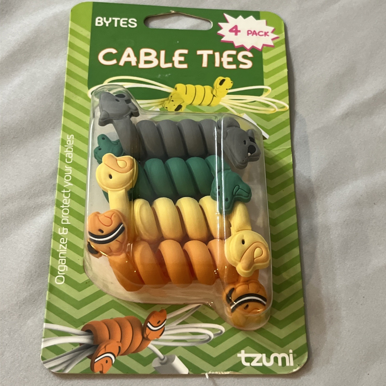 Tzumi - Bytes - Cable Ties - 4 Pack - Shark/Alligator/Duck/Clown Fish New NOS