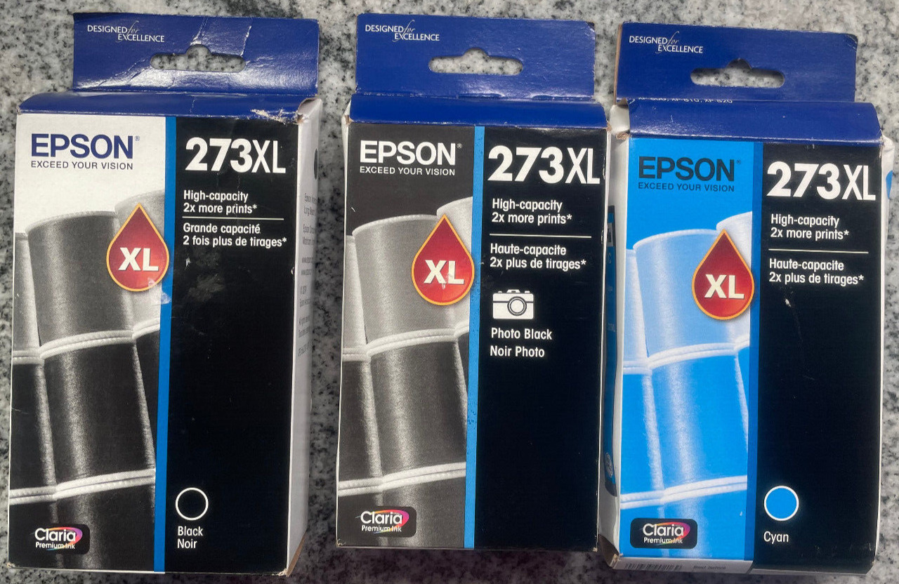 Current Epson 273XL Two Black Ink Cartridges and One Cyan Genuine New in box