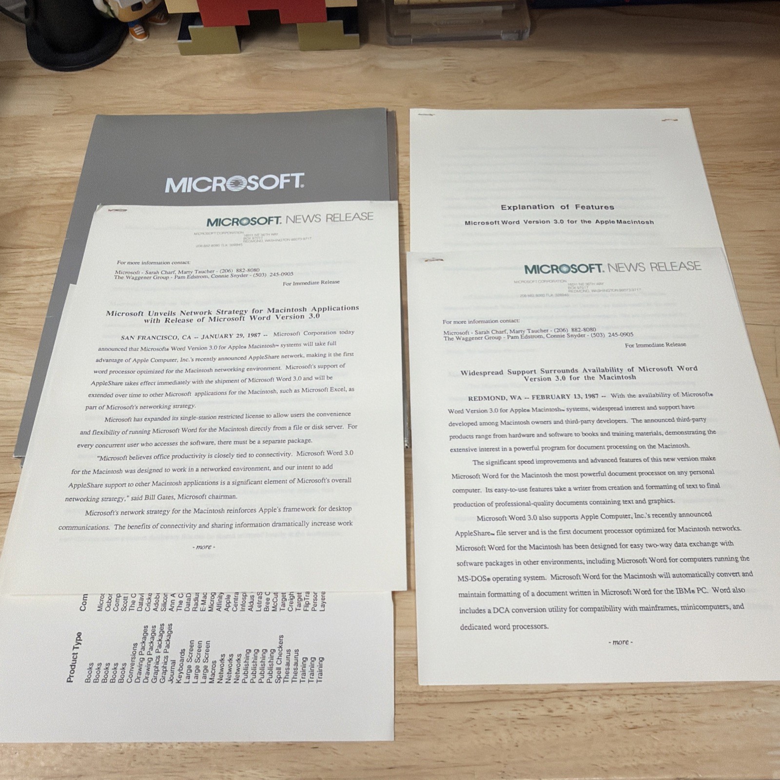 1987 Microsoft Word 3.0 Apple Macintosh Press Kit News Releases Vintage