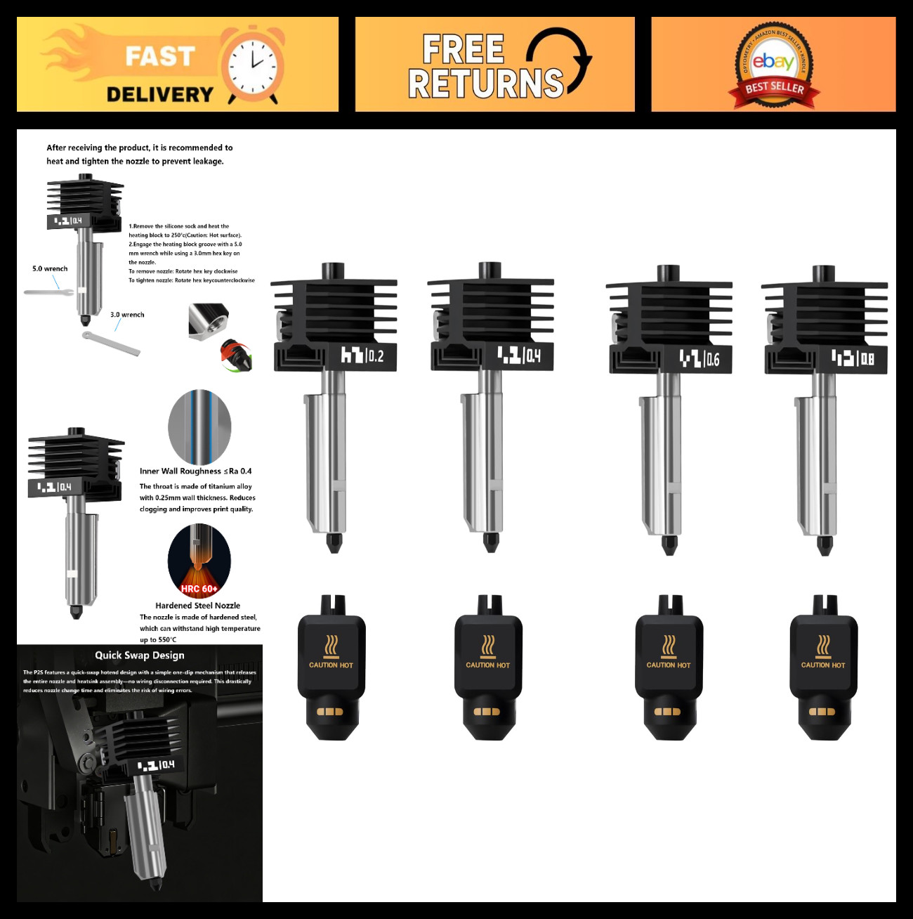 4PCS 3D Printer Hotend Kit - 0.2mm, 0.4mm, 0.6mm, 0.8mm Nozzles & Heating Block