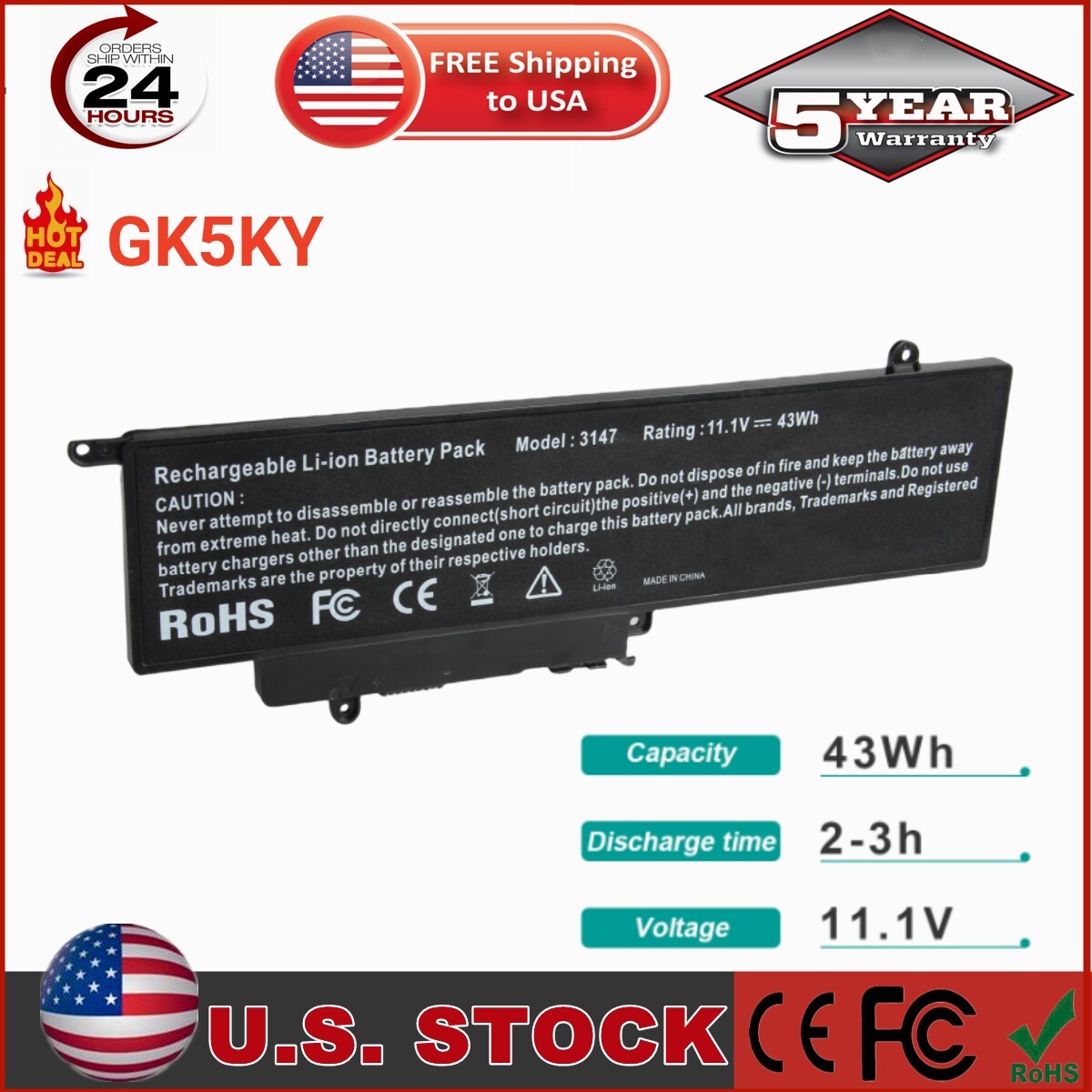 ✅LOT 10PCS GK5KY BATTERY FOR DELL Inspiron 11 3147 3148 3152 13 7353 7352 7347