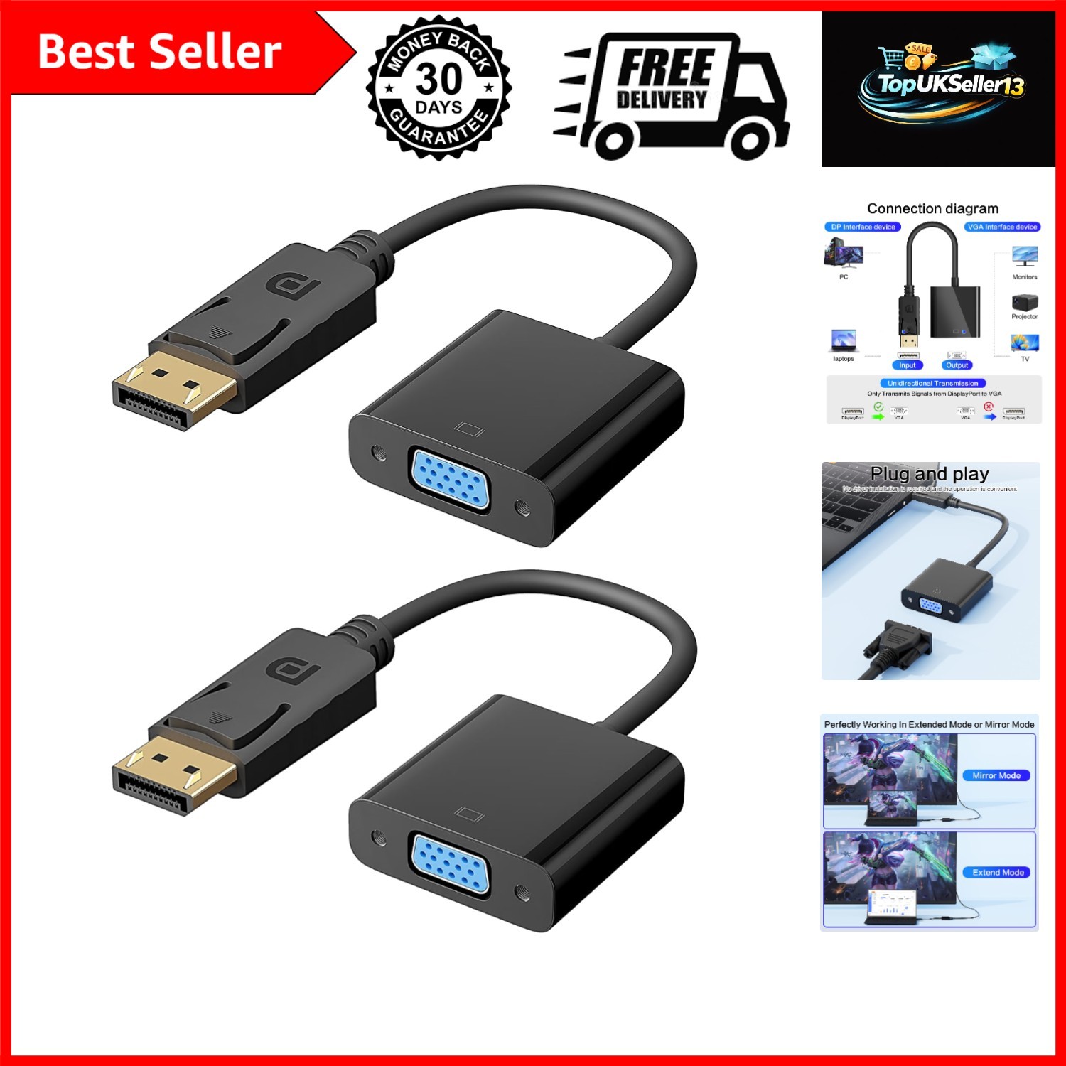 DisplayPortDP to VGA Adapter, 2 Pack Gold-Plated DisplayPort to VGA Adapter M...