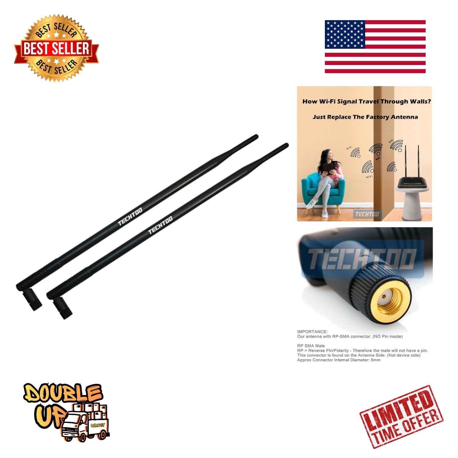 9dBi Omni WiFi Antenna 2-Pack with RP-SMA Connector for Enhanced Connectivity