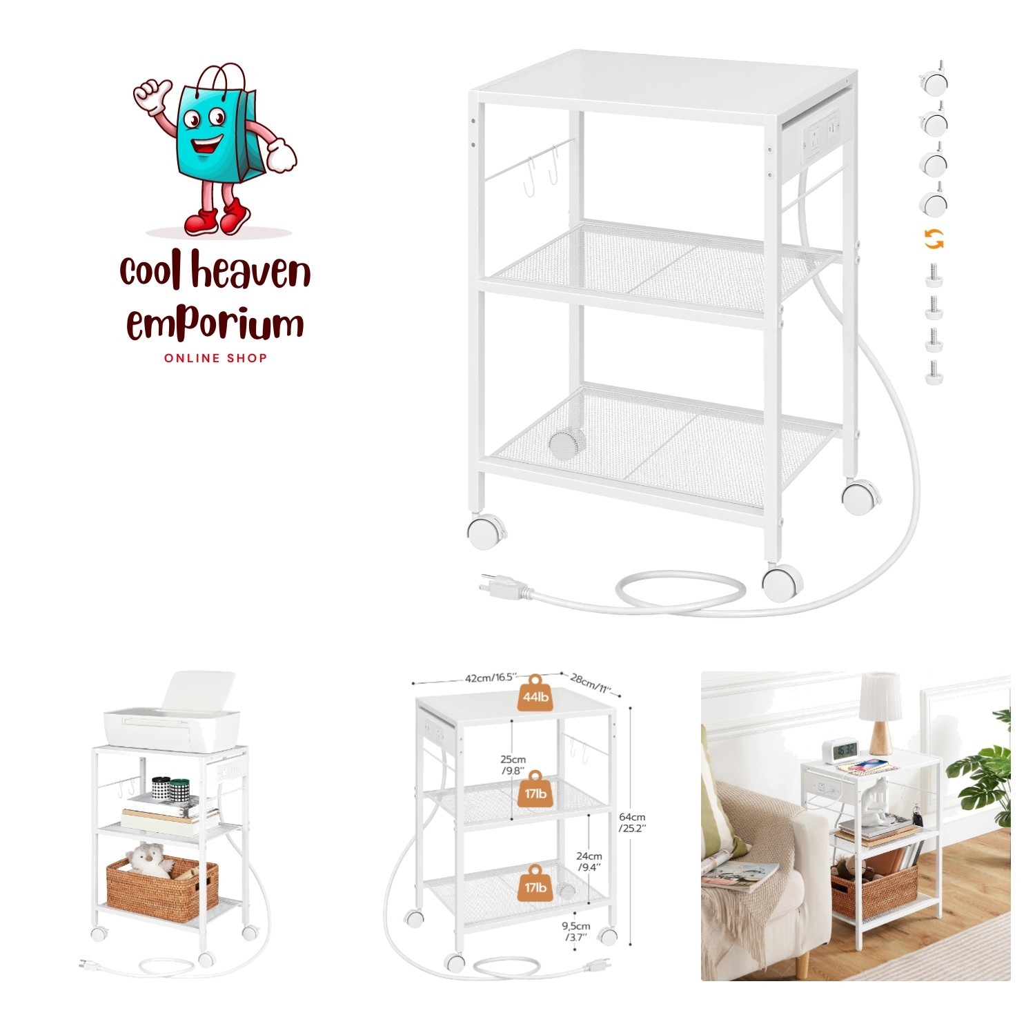 Elegant 3-Tier Mobile Printer Stand with USB Ports - Ideal for Home & Office