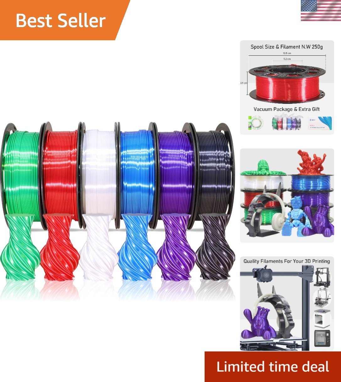 1.75mm Silk Shiny PLA 6 in 1 Basic Colors Bundle Pack: Silk Black/Red/White/S...