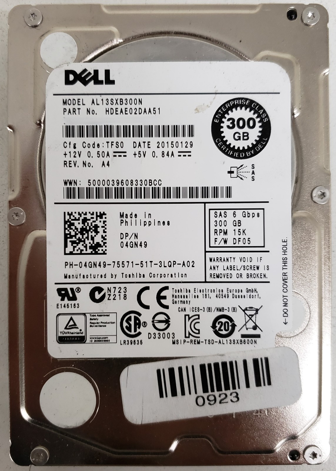 Dell AL13SXB300N 300GB 2.5" 15K RPM 6Gb/s SAS Enterprise HDD P/N: HDEAE02DAA51.