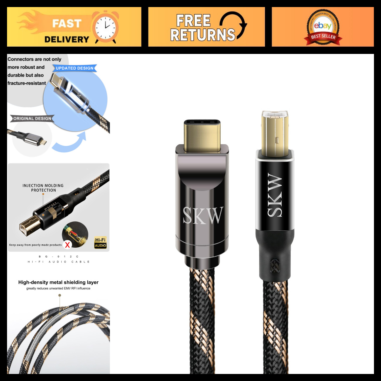 High-Quality USB C to USB B DAC Cable 3.2ft/1m - Double Shielded Audiophile Soun