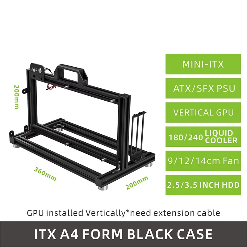 Aluminum Open Frame Case, Vertical GPU, 240mm Cooler, Mini-ITX Compatible, DIY G