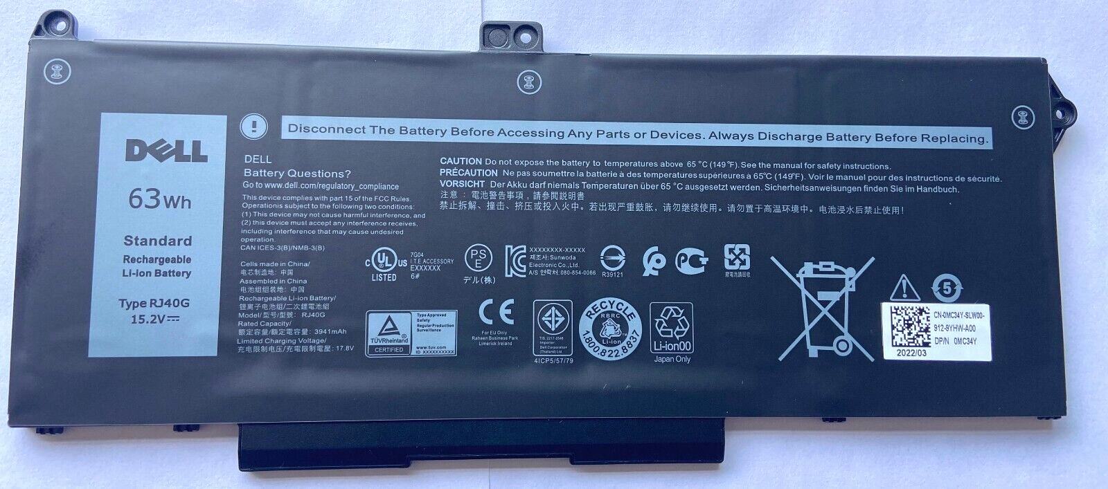 NEW Genuine RJ40G Battery Fr Latitude 14 5420 CHKFM FDTCY/Precision 15 3560 63Wh