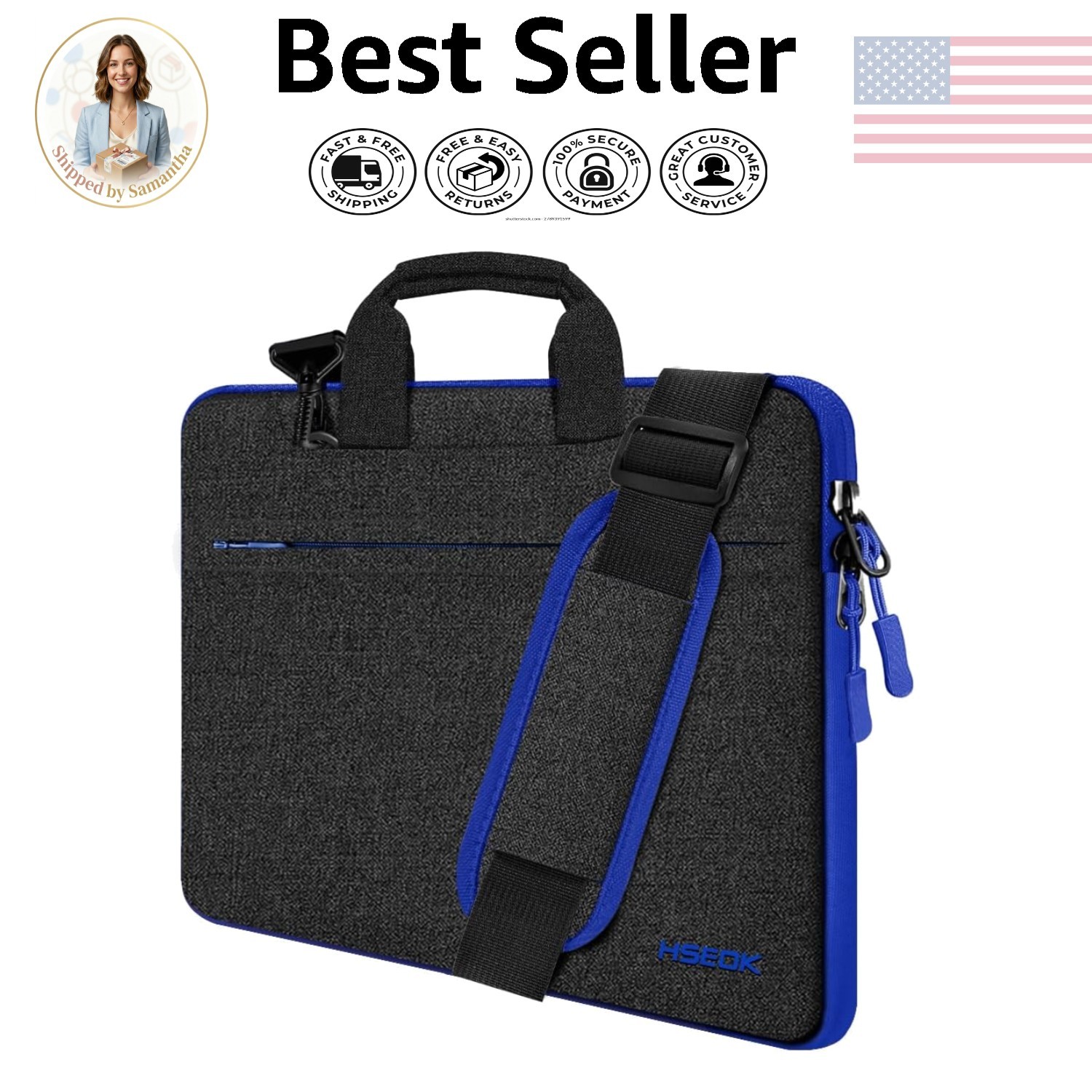 Sleek Black & Blue Laptop Shoulder Bag for 15-16 Inch Devices - Water-Repellent