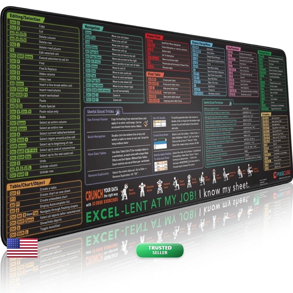 Pixiecube Excel Cheat Sheet Desk Pad Extended Large XL Gaming Mousepad
