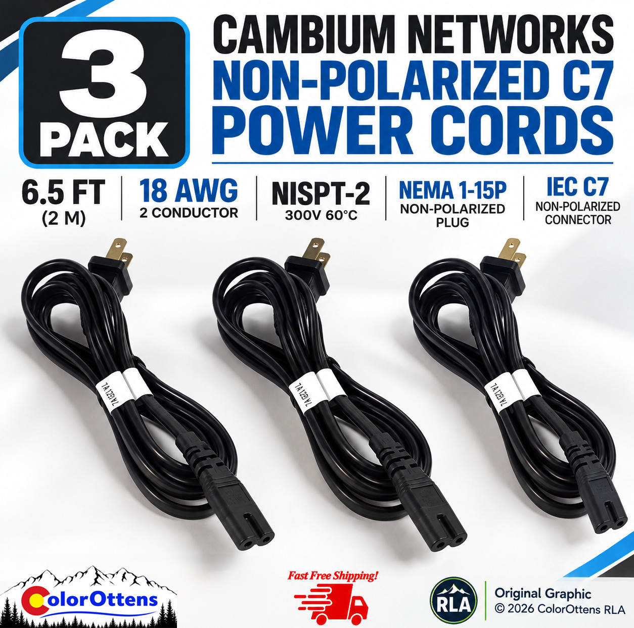 3 Pack Cambium N000065L003A 6.5ft IEC C7 Power Cord 18AWG NISPT-2 Non Polarized
