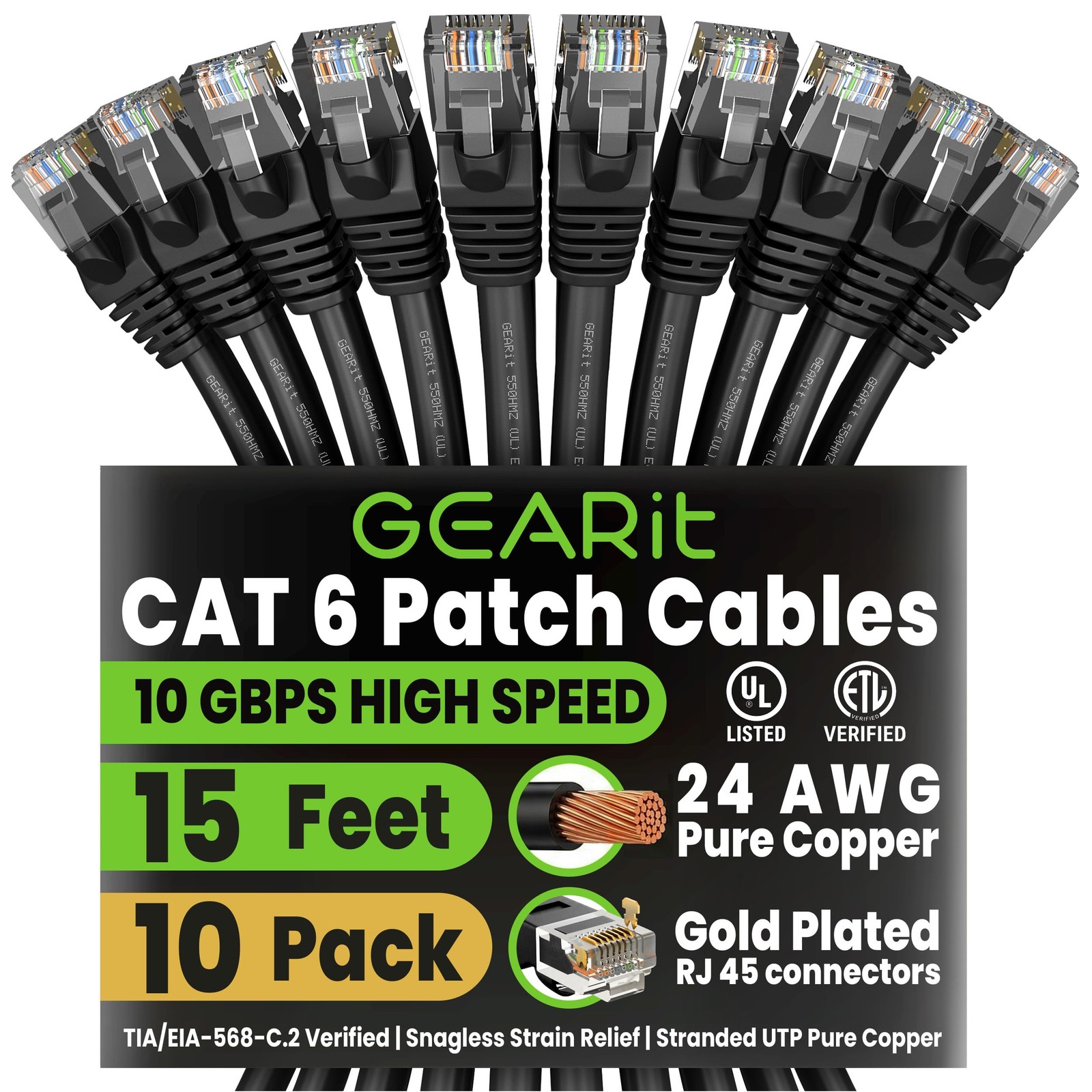 GEARit Cat6 Patch Cables Cat 6 Ethernet Cable 15 ft 10-Pack 15 Feet, Black