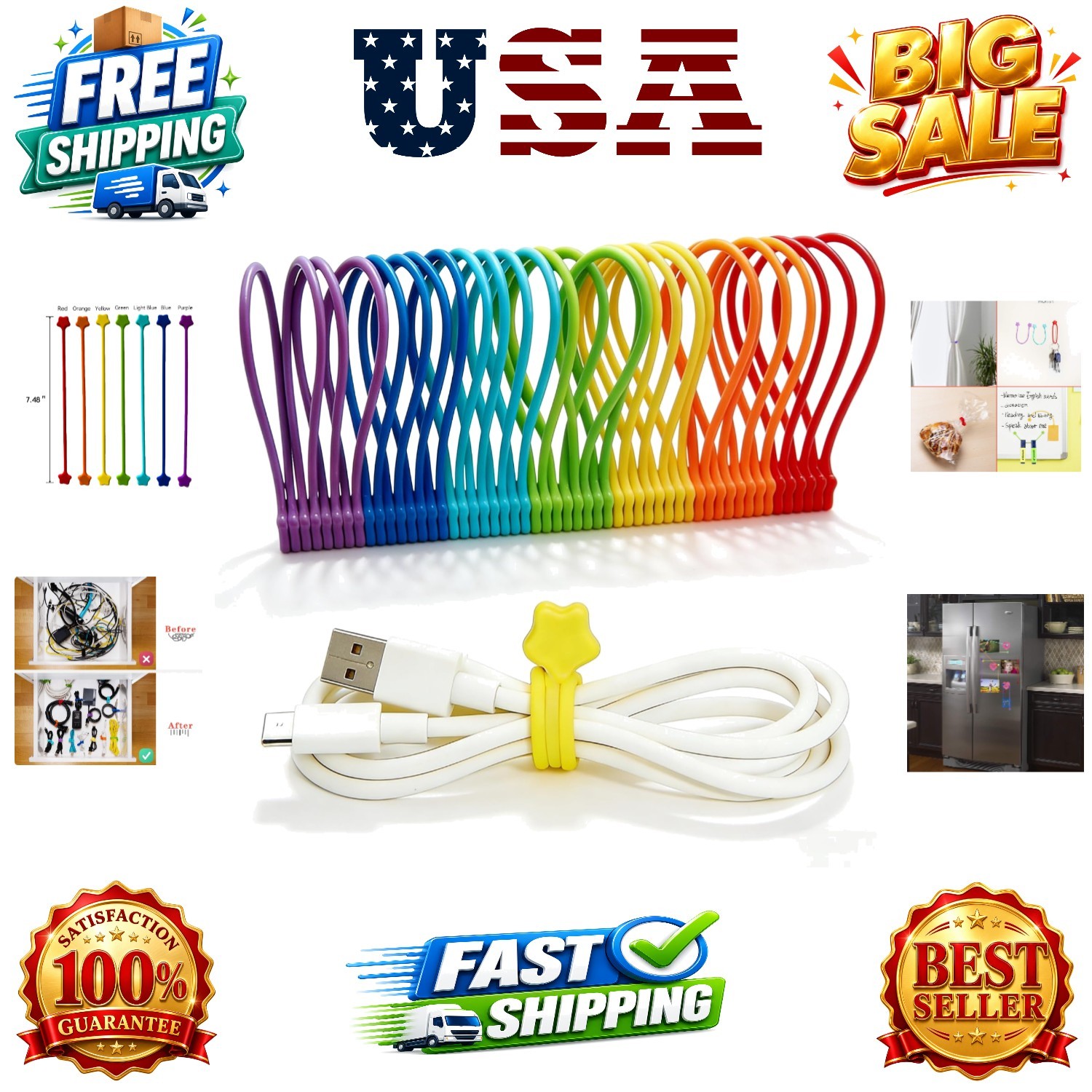 Reusable Silicone Magnetic Cable Ties, 28 Pack 7.48'' Magnetic Twist Ties for...