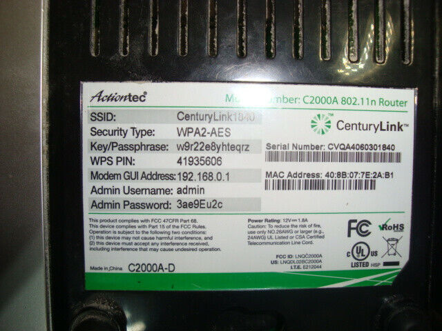 Century Link Actiontec model C2000A 802.11n Router