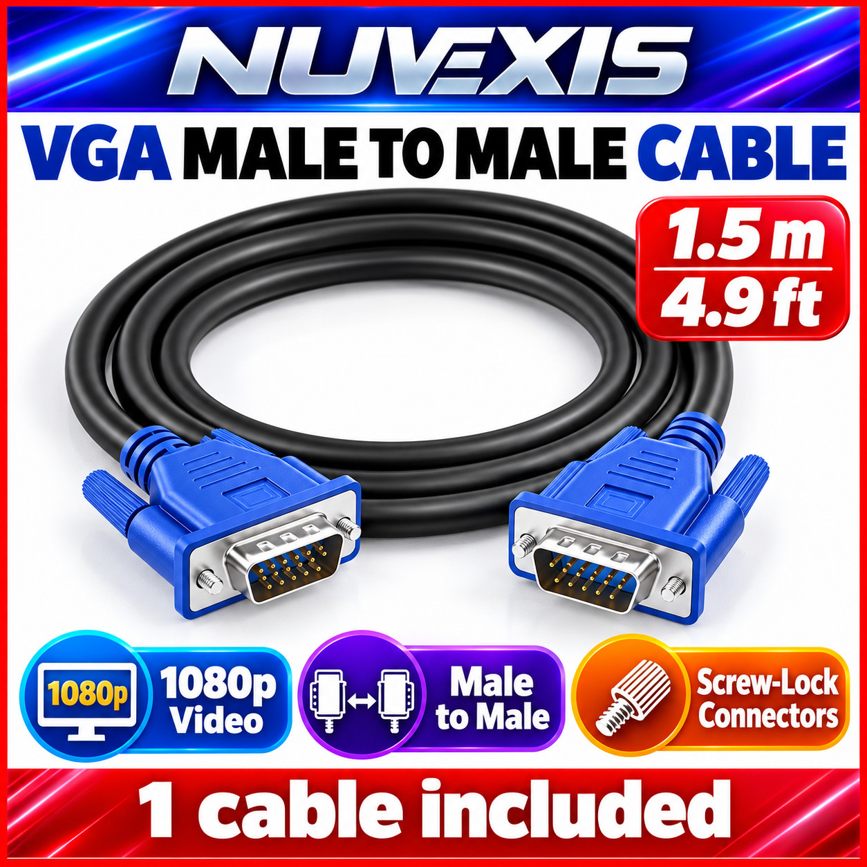 1.5m VGA to VGA Cable Male to Male SVGA Monitor Cord 1080p PC