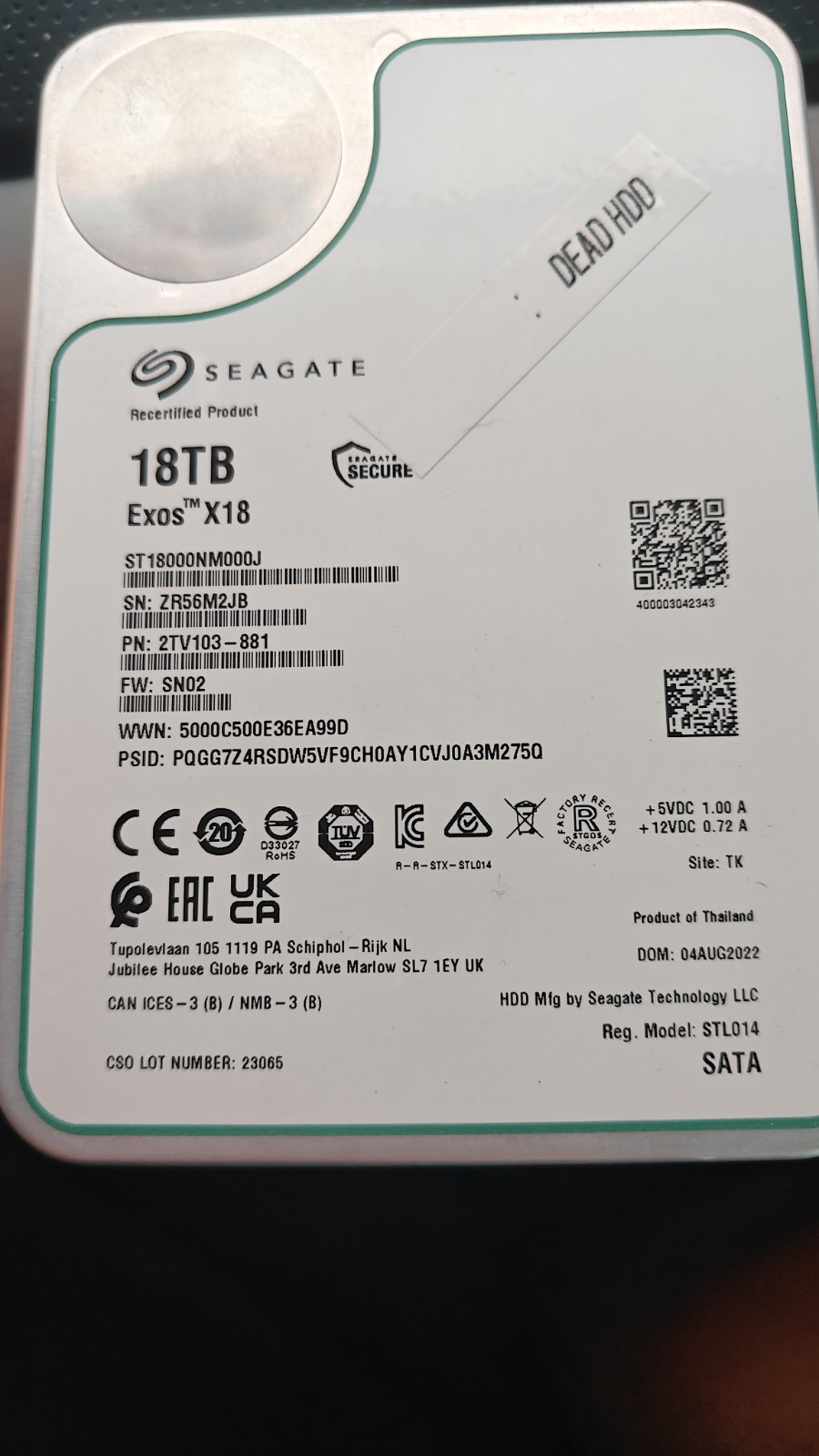 Seagate Exos 18TB SATA III 6Gbps Enterprise HDD ST18000NM000J * FOR PARTS