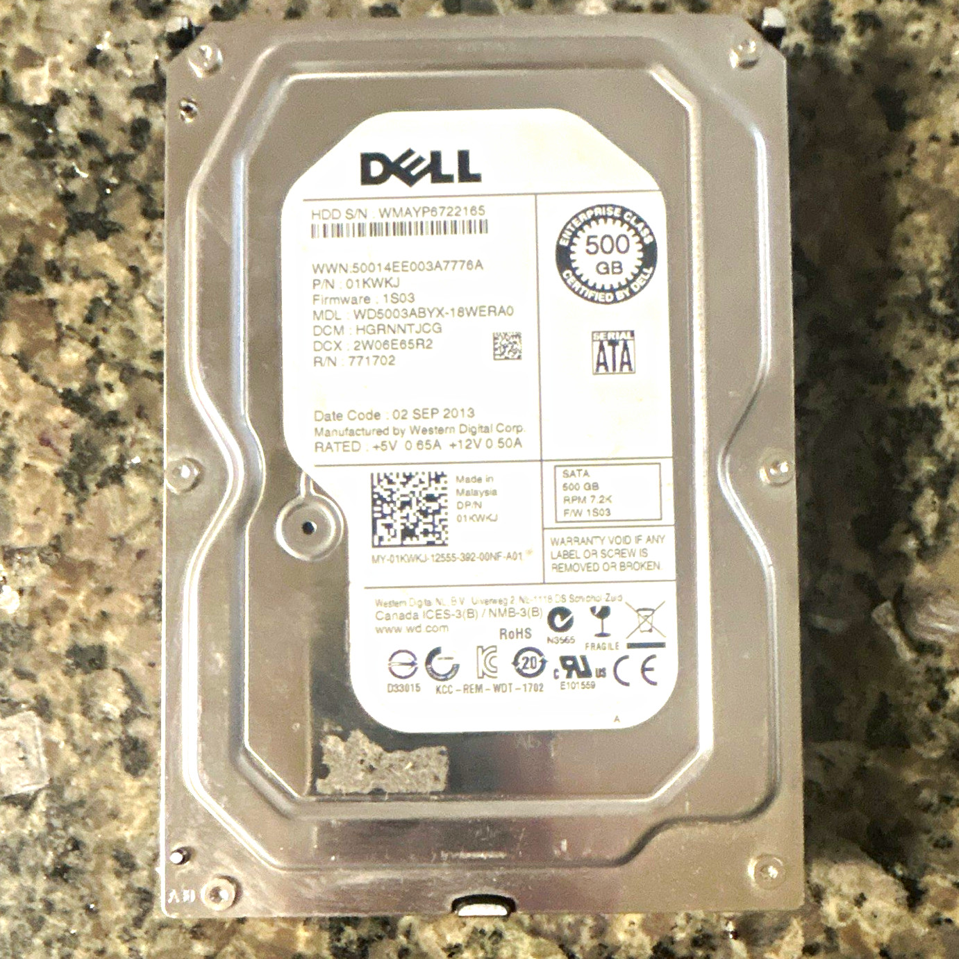 Dell 500GB 2.5in SATA 7200RPM 32MB Cache Internal HDD Hot Swap 01KWKJ